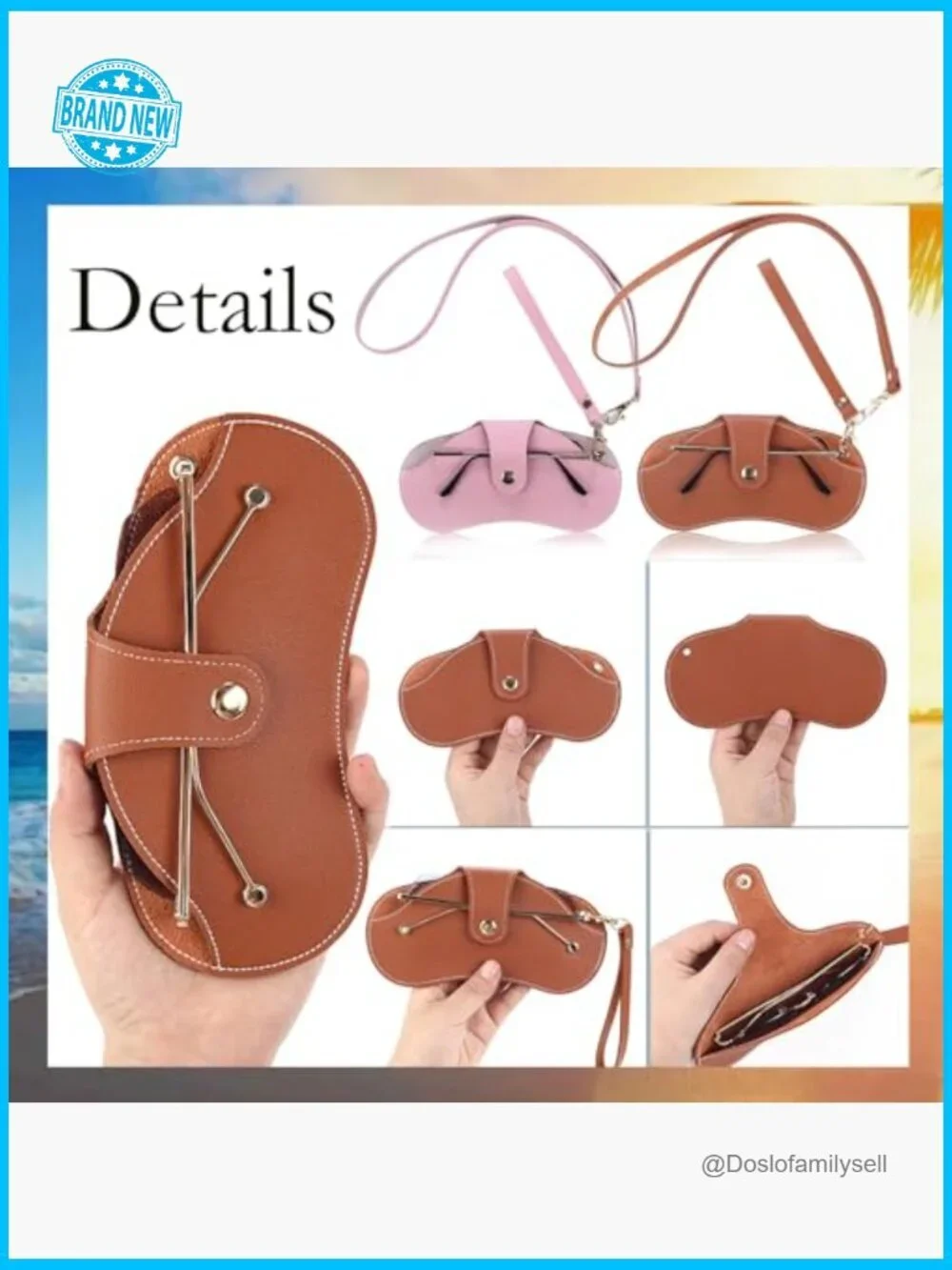 Leather Sunglasses Case with Slim Strap Metal Snap Closure Portable Eyewear